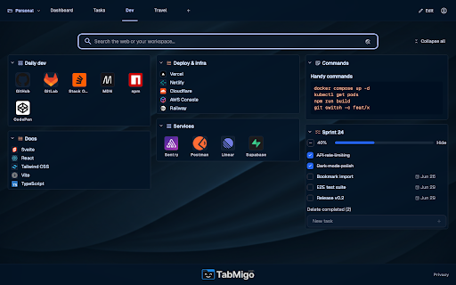 TabMigo — Visual Bookmark Manager & New Tab :: Visual bookmark manager & custom new tab. Save any tab in one click; organize bookmarks, notes & to-dos on tiled workspace boards.