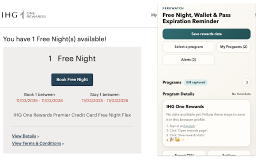 PerkWatch - Travel perk reminder :: Sign in on a supported airline or hotel account page, then open PerkWatch to capture perks, balances, and upcoming expirations.