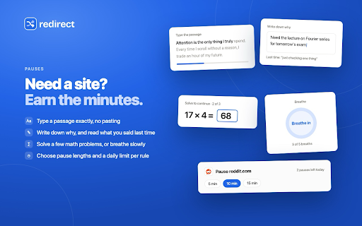 Redirect: Block Sites, Stay Focused, Digital Wellbeing :: Site blocker for focus and productivity. Redirect distracting websites like YouTube or Reddit to your goals. Mindful pauses.