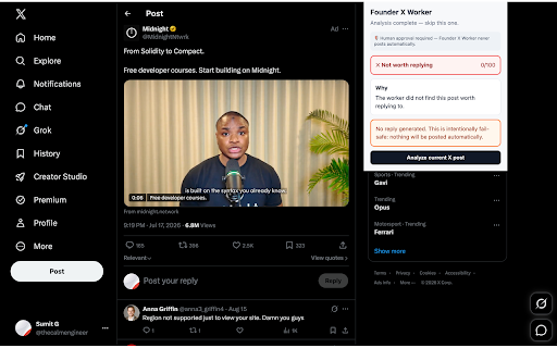 Founder X Worker :: Analyze individual X posts and draft useful replies using your own Gemini API key. Human approval always required.
