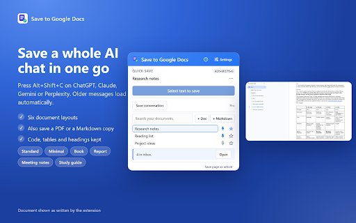 Save to Google Docs :: Save text, articles and whole ChatGPT, Claude or Gemini chats to your own Google Docs. Alt+S to choose a doc.