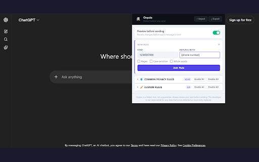 Oopsie - AI Privacy Guard :: Automatically redact emails, phone numbers, SSNs, and sensitive data before sending to ChatGPT, Claude, Gemini, and Perplexity.