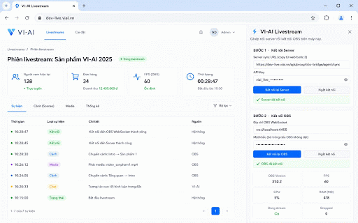 VI-AI Agent Livestream :: Trợ lý phiên livestream VI-AI: cầu nối OBS và bảng điều khiển TikTok LIVE, đồng bộ số liệu, bình luận, sản phẩm.