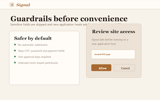 Signal Apply Companion :: Review-first autofill for Signal job applications.