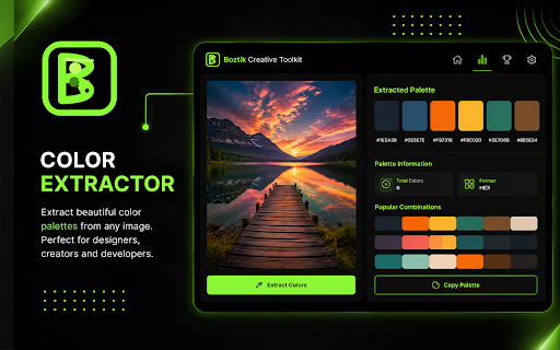 Boztik Creative Toolkit :: Analyze images, extract color palettes, reverse search and download images. Built for photographers, designers and creators.