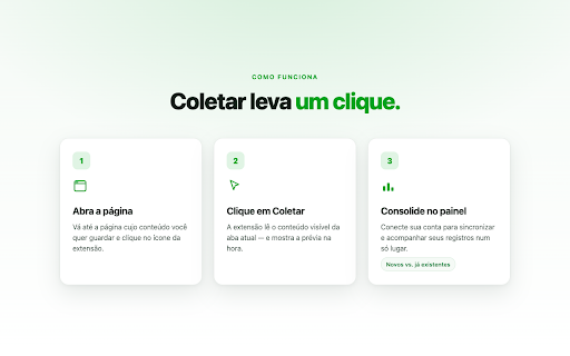 Coletor OneClick :: Com um clique, capture o conteúdo visível da página (rolando e expandindo se preciso) e salve no seu painel.