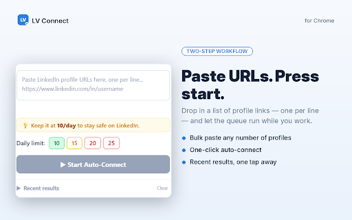 LV Connect :: Auto-send LinkedIn connections, hide video/image/promoted feed posts, and capture leads by keyword. By LinkedVue.