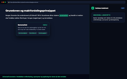 Curiosa Skoleassistent :: 1-klikks oppgavegenerator for lærere, samt universell lesestøtte og prøvesikkerhet for elever i Curiosa.