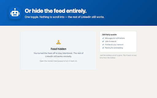 Human Feed :: Hides AI-generated posts and ads on LinkedIn, and shows you why. Your feed's content stays on your device.