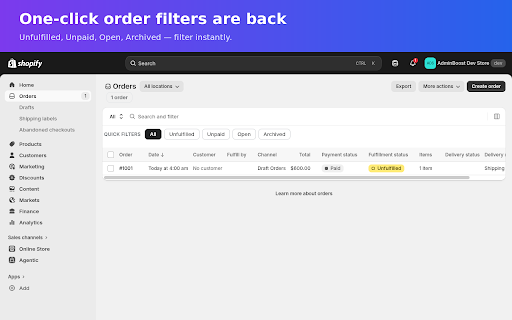 AdminBoost: Full-Width, Order Filters & Counts for Shopify :: Fix Shopify's admin: full-width layout, one-click order filters, and live order/product counts. 100% free.