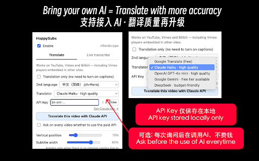 HappySubs — Dual Subtitles & Live Captions :: Two subtitle languages at once on YouTube, Vimeo and Bilibili — plus live transcription for videos that have no captions at all.