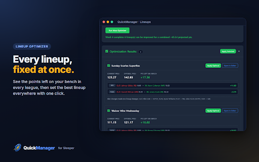 QuickManager: Fantasy for Sleeper :: Manage every Sleeper fantasy football league at once: autosub, lineup optimizer, live scoreboard, waivers, trades, power rankings.