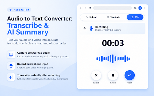 Audio to Text Converter: Transcribe & AI Summary :: Transcribe audio/video up to 500MB, paste media links, record tab or mic audio, and get transcripts with AI summaries.