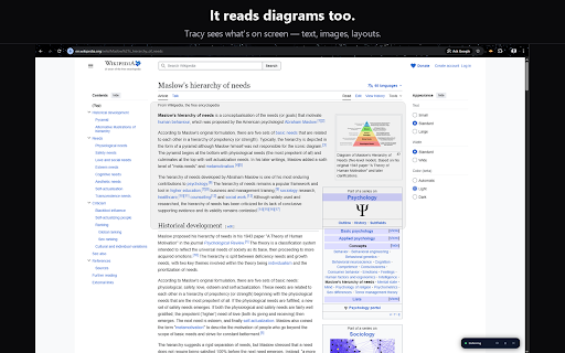 Tracy - Reading Companion :: Ask anything in natural language. Tracy sees what's on your screen and answers. Hands-free, works with web pages and PDFs.