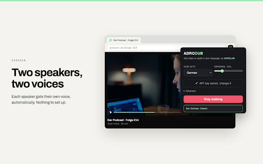 ADRODUB :: Any video or audio in your language. Real-time AI dubbing of anything playing in Chrome. By ADROLAB.