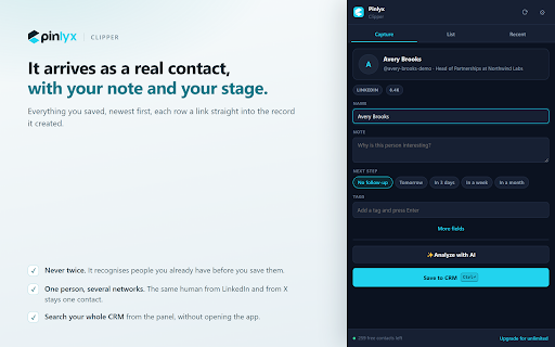 Pinlyx Clipper - Save leads to CRM :: Save any LinkedIn, X, Instagram or GitHub profile, or any web page, to your CRM in one click. Notes, tags and pipeline.
