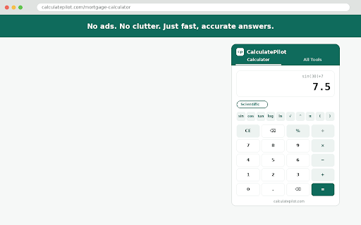 CalculatePilot - Quick Calculator :: Fast popup calculator plus 158+ tools that open inside the extension — finance, health, math, and everyday calculators.