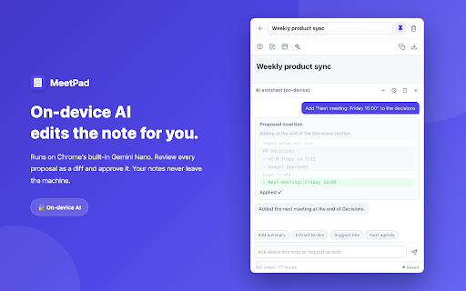 MeetPad — Meeting Notepad :: A fast, private side-panel scratchpad for web meetings. Jot notes, action items, and timestamps — saved locally, never uploaded.