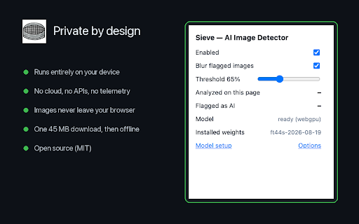 Sieve — Local AI Image Detector :: Detects AI-generated images entirely on-device (WebGPU/WASM). No cloud. No data leaves your browser.