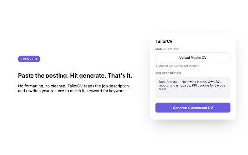 TailorCV :: Turn any job posting into a tailored, ATS ready resume in seconds powered by Gemini AI..