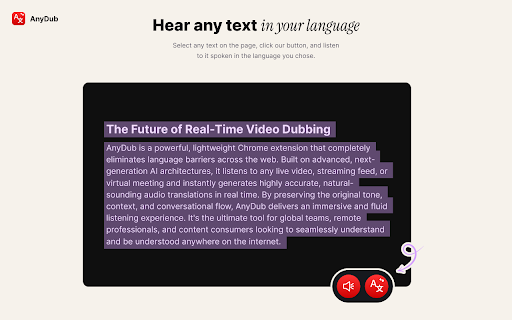 AnyDub :: Real-time translation of any audio in your browser: videos, podcasts, calls. Hear it in your language.