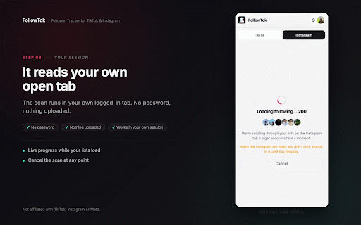 FollowTok - Unfollow Tracker for TikTok & Instagram :: See who doesn't follow you back on TikTok and Instagram, checked in your own browser. No password, no upload.