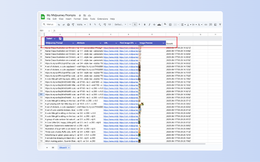 Midjourney to Google Sheets :: backup all your midjourney art prompts to google sheets with one-click.