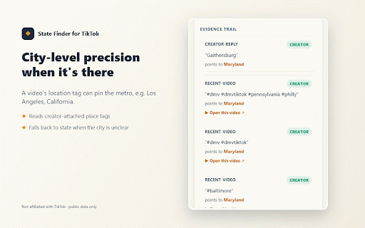 State Finder for TikTok :: Estimate a TikTok creator's likely US state from public signals (bio, captions, comments) using your own MiMo AI key.