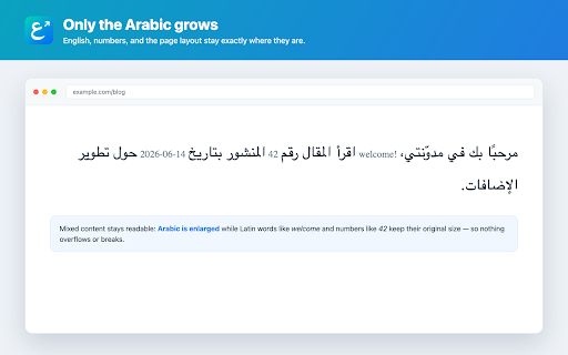 Arabic Font Booster :: Enlarge only the Arabic text on any web page, by a preset amount or a custom percentage.