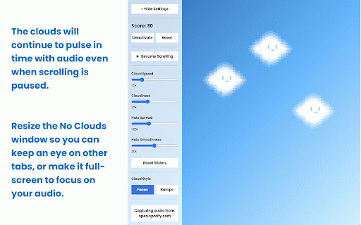 No Clouds: Interactive Audio Visualizer :: Audio visualizer game with scrolling clouds. Click on clouds to clear the sky! no-clouds.com