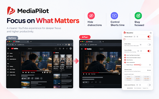 MediaPilot – AI Music Remover, Speed & Focus Mode :: Remove music or noise with local AI — playback speed, Focus Mode, Volume Boost, Hide Video, Auto Scroll. Distraction-free.