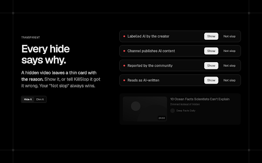 KillSlop: Hide AI Slop on YouTube, X and LinkedIn :: Hides AI slop on YouTube, X and LinkedIn, using the platforms' own AI labels, account patterns and an open list.