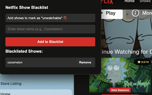 Ratings for Netflix :: Shows IMDb & Rotten Tomatoes ratings on Netflix. Includes a visual filter for blacklisted titles.