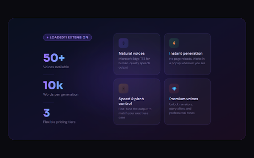 Text to Speech (TTS) | Voice Generator with Realistic Voices by loaded11 :: Turn text into natural voiceovers with 50+ Microsoft neural voices. Auto-downloads as MP3. Free tier included.