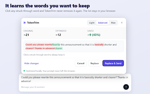 TokenTrim :: Compress your prompts before sending. Same answer, fewer tokens. Runs locally.