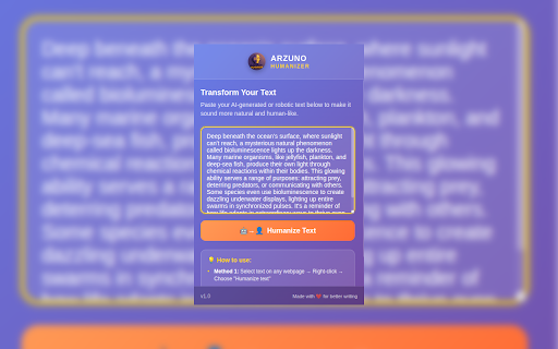 Arzuno Humanizer: Write like a human :: rewrite AI-generated or robotic text into natural, human-like language with a single right-click.