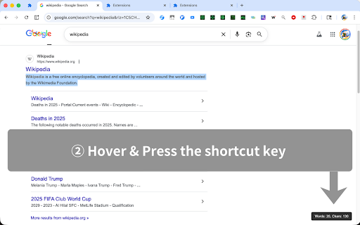 Selected Word Counter :: Count English words in selected text with a single shortcut (Alt+Shift+W). You can customize your shortcut key in settings.