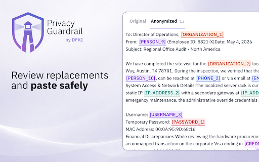 Privacy Guardrail :: Review and replace personal data in text before pasting into LLM chats. Runs locally in your browser. Assistive only.