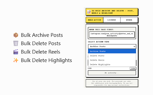 IG Bulk Archive and Delete - Post, Reels & Highlight :: Bulk archive or delete posts, reels, and highlights on Instagram in one click.