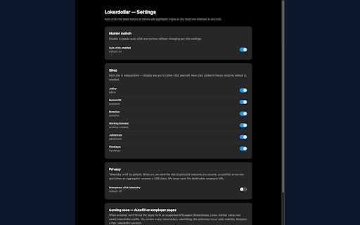 Lokerdollar — One-click Apply :: Auto-clicks Apply on job aggregator pages to reach employers in one click. Anonymous by default; sign in for sync and autofill.