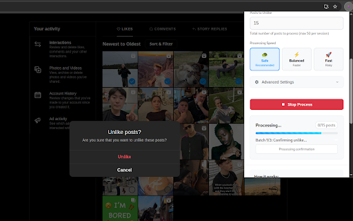 Insta Bulk Unlike :: Efficiently manage Instagram liked posts with smart batch processing, safety features, and customizable speed controls.