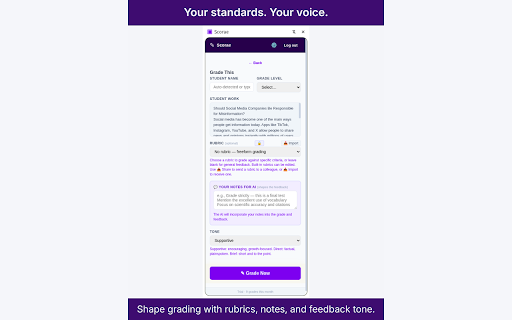 Scorae — Essay Grader for Google Docs, Canvas & Moodle :: Grade essays in Google Docs, Canvas, Blackboard and Moodle. You decide every grade. Student work is never stored. 15 free monthly.