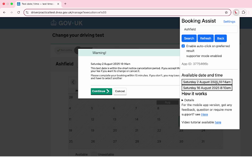 Free UK Practical Driving Test Booking Extension (Search and Click) :: A Chrome extension that helps you get good test dates in your preferred test centre.