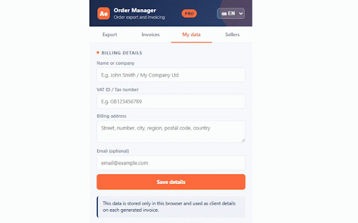 AliExpress Order Manager :: Export AliExpress orders to CSV and generate PDF invoices with VAT breakdown. Bilingual ES/EN. Freemium (Free/PRO).