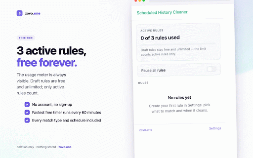 Scheduled History Cleaner :: Delete history on a schedule: rules match domains, URLs, or terms and clean on a timer, daily, or at next launch. Nothing stored.
