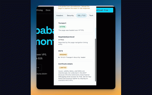 Server Spy - HTTP Headers & Server Inspector :: Inspect HTTP headers, security posture, SSL transport hints, and server technology for the active tab.