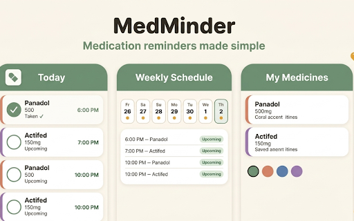 MedMinder — Medication Reminder & Tracker :: A simple, large-print medication reminder and tracker. Add your medicines, get gentle reminders, and mark them taken with one tap.
