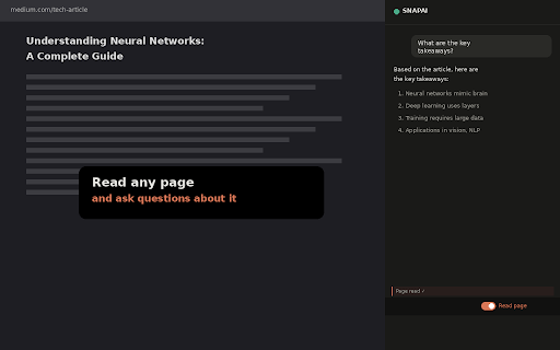 SnapAI: Sidebar for Claude :: Claude AI sidebar — summarize, translate, explain any page. Right-click actions, BYOK, privacy-first.