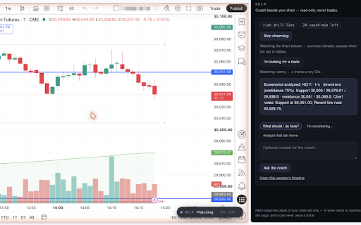 Helm — AI Trading Coach :: A read-only coach beside your TradingView chart — observes the tab you attach, coaches your discipline, and can never trade.