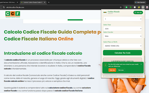 Calcolo Codice Fiscale — Toolkit :: Generate and decode the Italian Codice Fiscale (tax code) instantly from your browser toolbar.